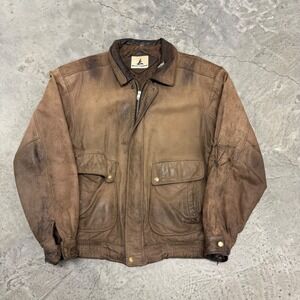 Misty Harbor Vintage Distressed Brown Leather Bomber Jacket Mens L Large